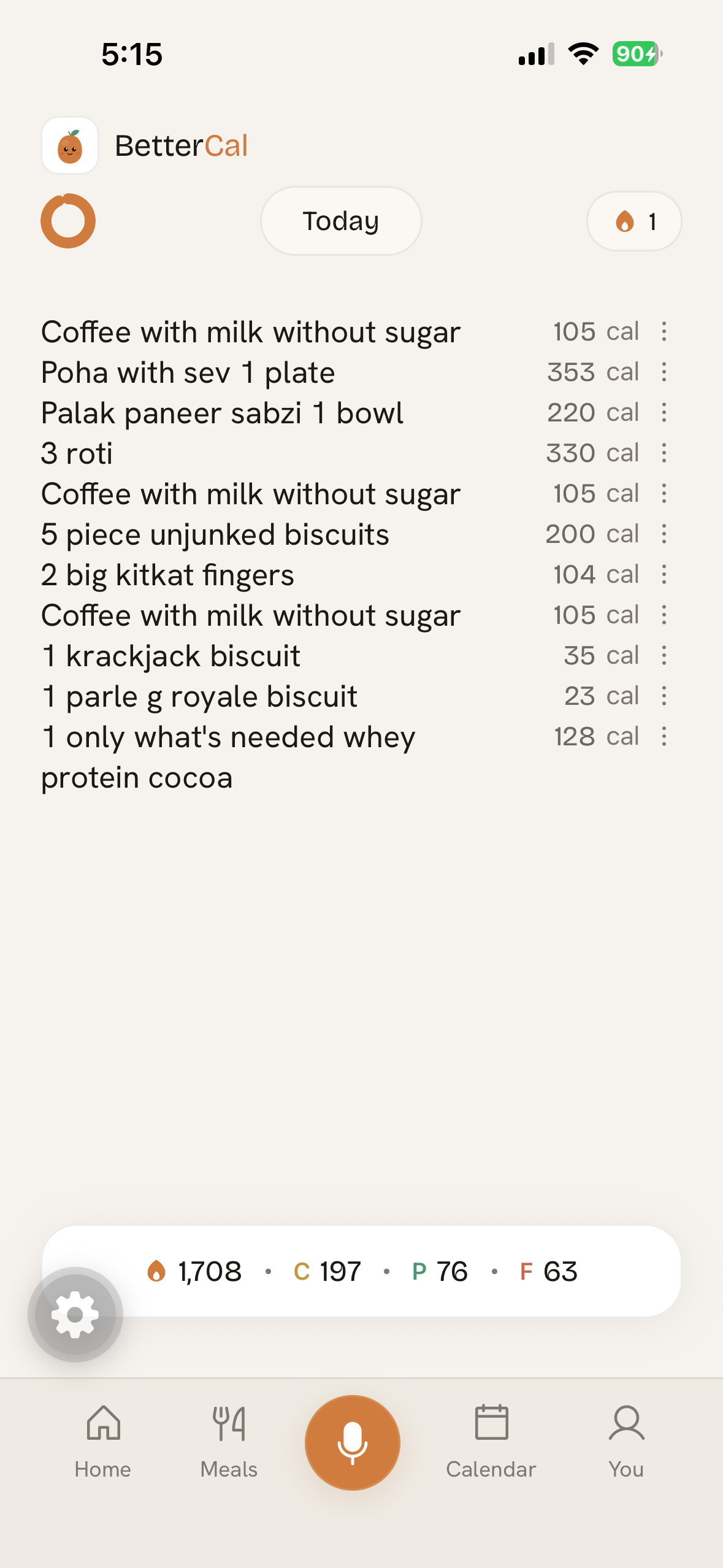 BetterCal calorie journal with meals logged by typing