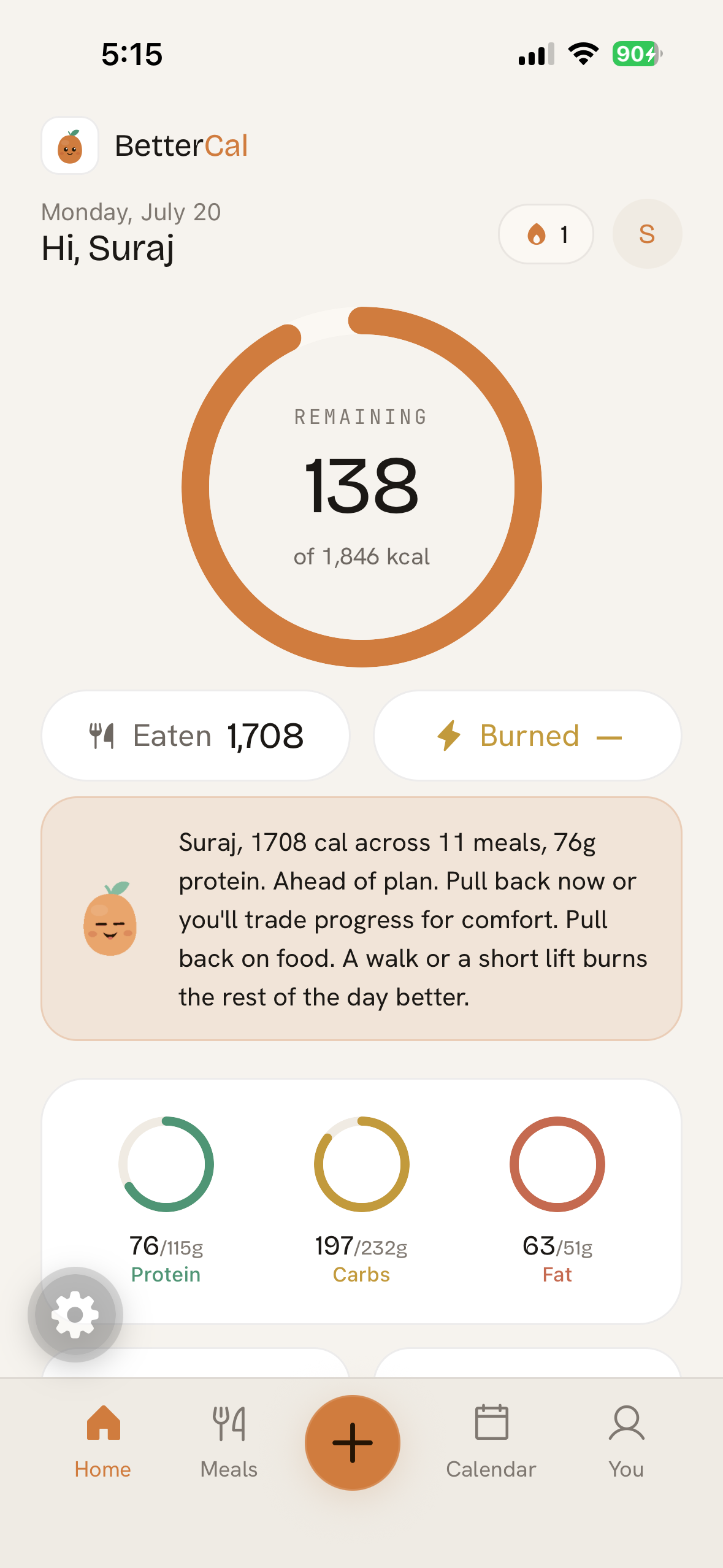 BetterCal home overview showing remaining calories, macros, and coaching insight