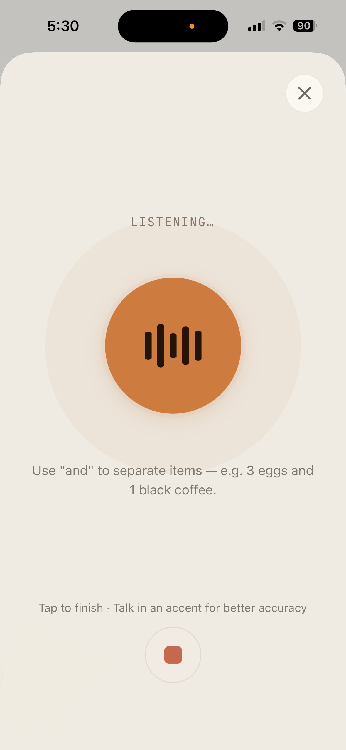 BetterCal voice logging screen while speaking a meal